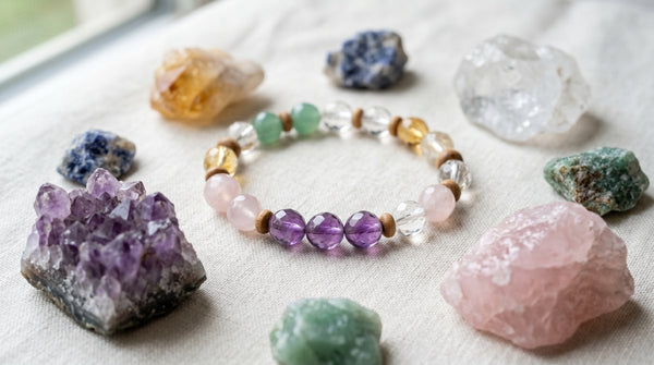 Photorealistic crystal bracelet with raw gemstones on neutral background