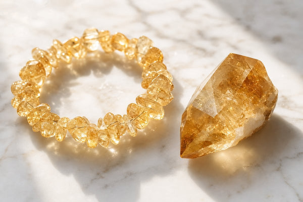 Golden citrine crystal bracelet and a raw citrine point in warm sunlight