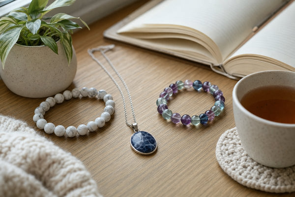 Fluorite, sodalite, and howlite crystal jewelry arranged on a wooden desk with a notebook and tea