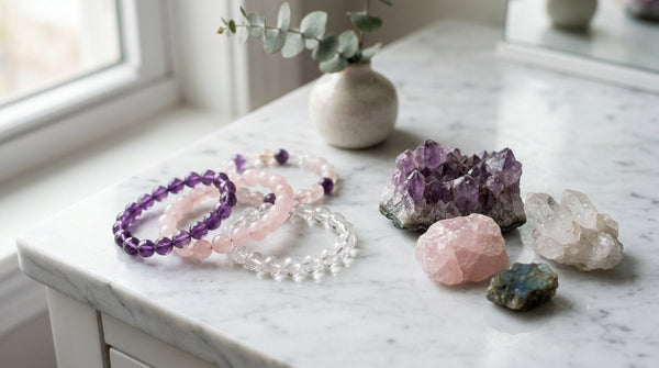 Crystal bead bracelets and raw healing crystals on a marble surface
