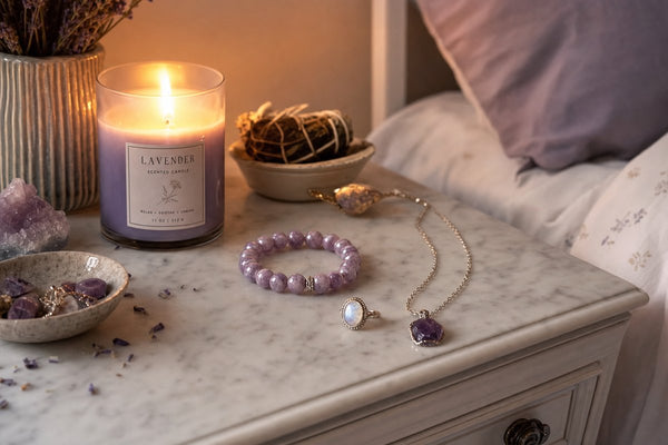 Bedside display of crystal jewelry for sleep including lepidolite bracelet, amethyst necklace, and moonstone ring on a marble nightstand