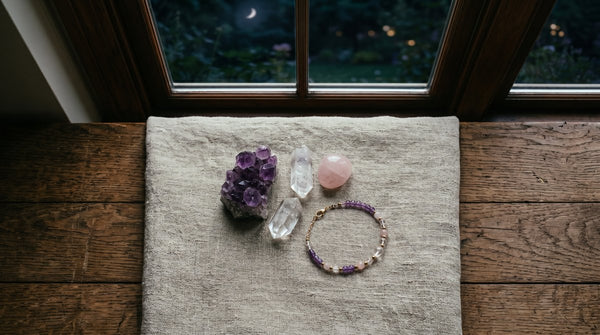 Crystals and a gemstone bracelet arranged in soft moonlight on linen cloth