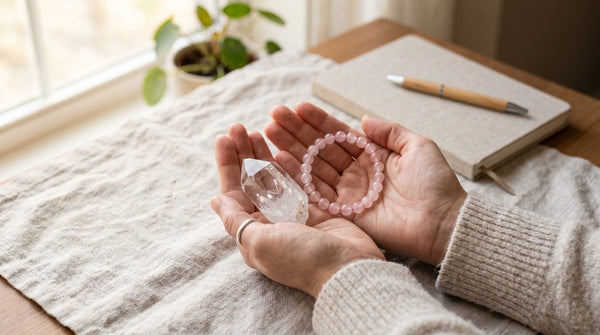 Hands holding a clear quartz point and a rose quartz bracelet on a linen cloth with a journal in the background
