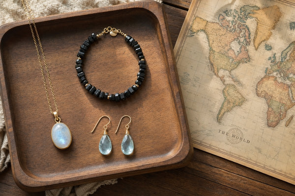 Moonstone necklace, black tourmaline bracelet, and aquamarine earrings on a wooden travel tray beside a vintage world map