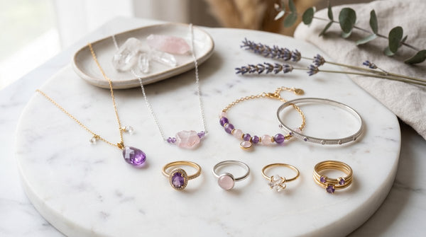 Crystal jewelry collection including amethyst and rose quartz necklaces, bracelets, and rings on a white marble surface