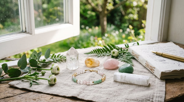 Crystal bracelet and spring renewal crystals by a sunlit window