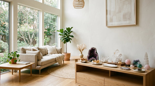 Beautiful healing crystals arranged in a minimalist modern living room with natural light and a warm, serene feng shui atmosphere