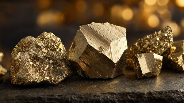 Raw and polished pyrite crystals with golden metallic shine on dark stone