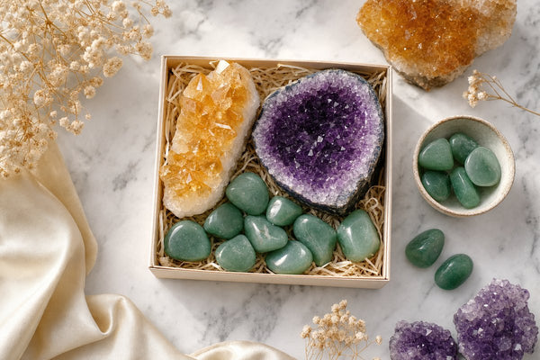 Crystal gift set with citrine, amethyst, and green aventurine on marble surface — perfect graduation gift