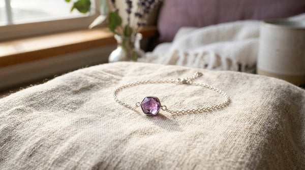 Amethyst crystal bracelet in soft morning light