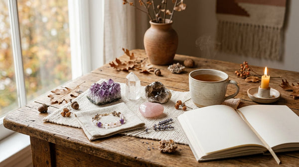 Autumn equinox crystal ritual with crystal stones, bracelet, journal, candle, and fall leaves