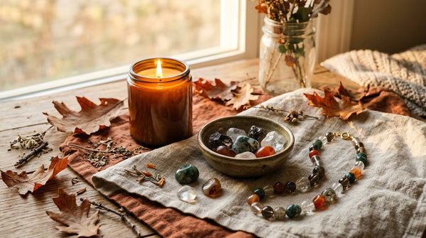 Autumn equinox crystal ritual with smoky quartz, moss agate, carnelian and grounding jewelry in warm golden light