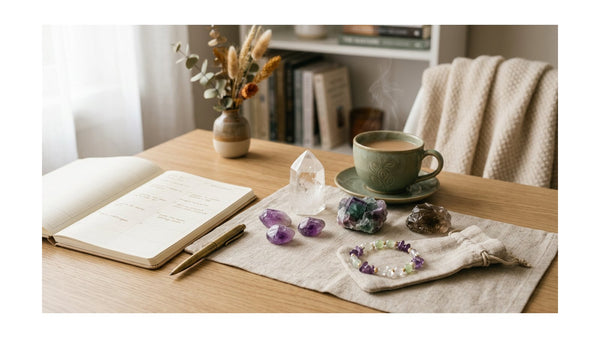 Crystal jewelry and crystals arranged beside a planner for a calm back-to-routine reset