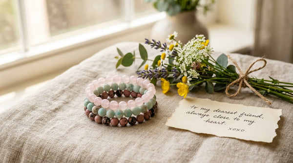Stack of crystal bead bracelets in warm natural light, styled as a friendship gift