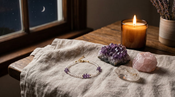 Crystal bracelet and healing crystals by candlelight for a new moon intention ritual