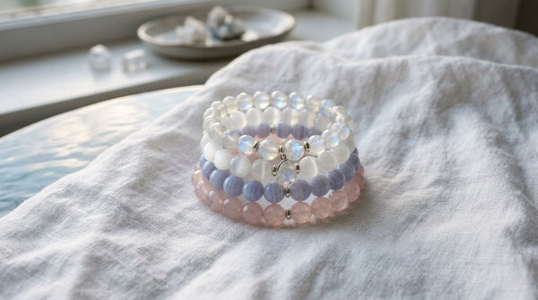 Crystal bracelet stack with moonstone and soft pastel beads
