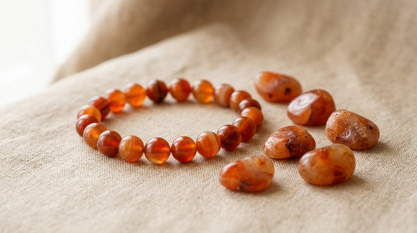 Carnelian gemstone bracelet with tumbled carnelian stones in warm natural light