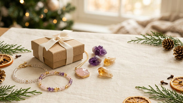 Crystal bracelets, pendants, stones, and a wrapped gift box styled for holiday gifting