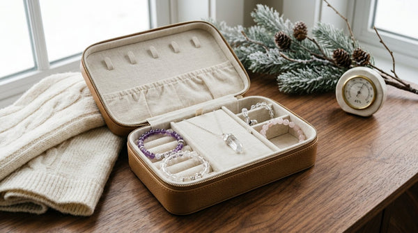 Crystal jewelry arranged in a padded winter travel case beside a hygrometer