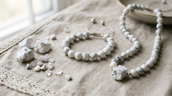 White howlite crystal bracelet and necklace on linen surface with soft natural light