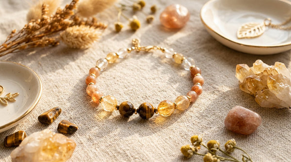 Golden crystal bracelet flat lay featuring tiger’s eye, citrine, and sunstone