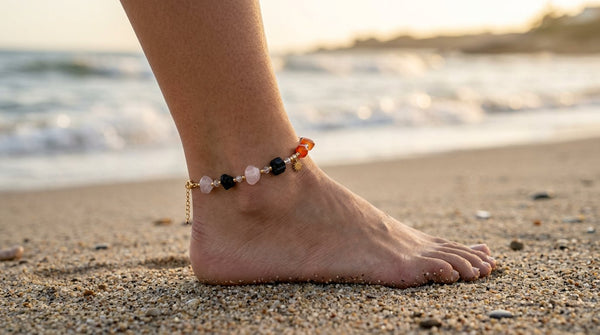 Photorealistic crystal bead anklet on an ankle at the beach