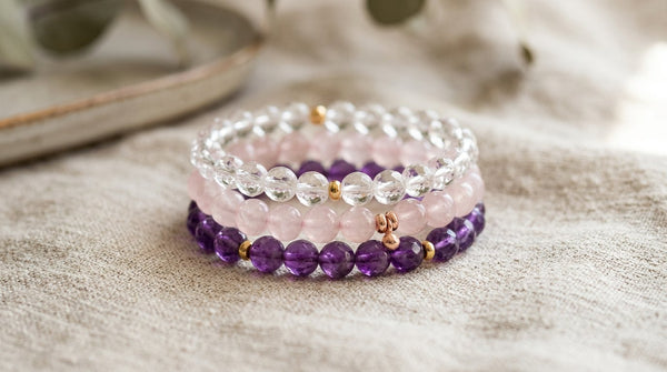 Stacked crystal bead bracelets in soft natural light