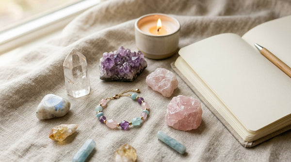 Crystal bracelet and raw crystals beside a journal and candle on neutral linen.