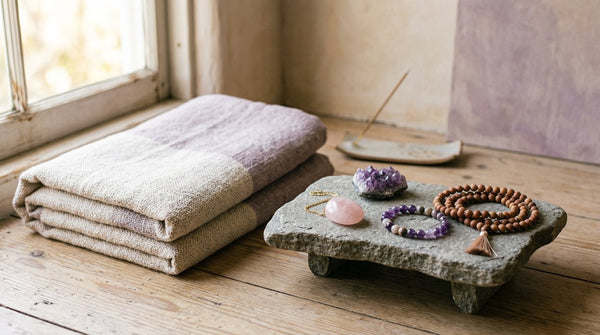 Crystal pendant, bracelet, and mala beads arranged beside a meditation cushion
