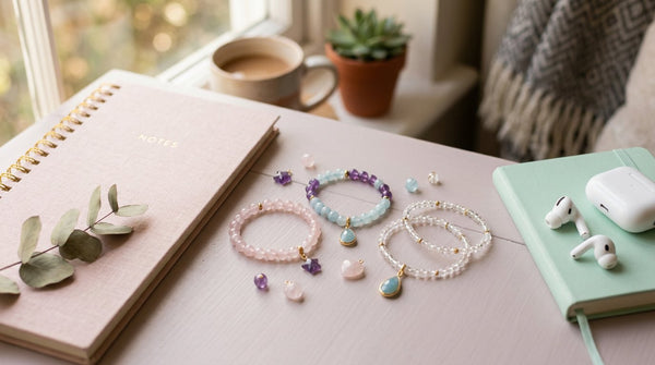 Teen-friendly crystal bracelets on a desk with soft natural light
