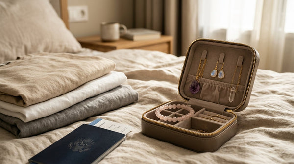 Five-piece crystal jewelry travel capsule in a compact jewelry case beside folded travel clothes