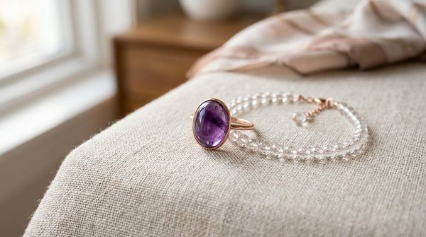 Photorealistic crystal ring and clear quartz bracelet on linen.