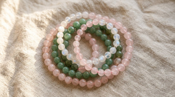 Photorealistic crystal bracelet stack representing friendship and connection