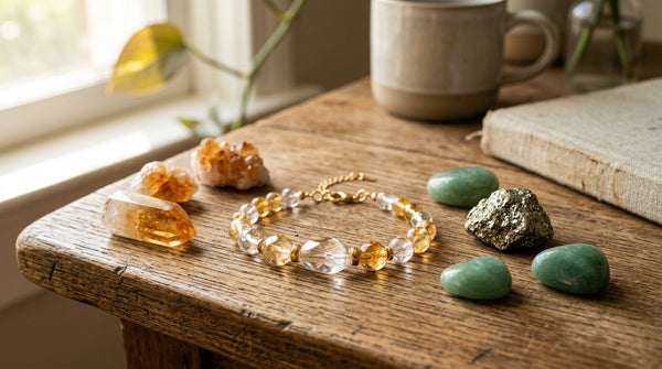 Crystal bracelet with citrine, pyrite and green aventurine on a warm wooden desk in soft sunlight