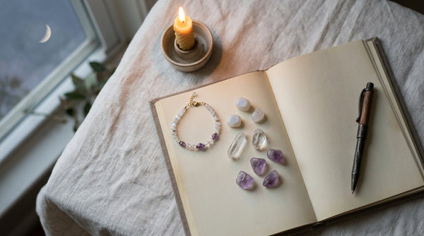 Crystal bracelet and crystals beside an intention journal by candlelight for a new moon ritual