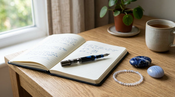 Crystal bracelet with sodalite and blue lace agate on a desk next to a notebook