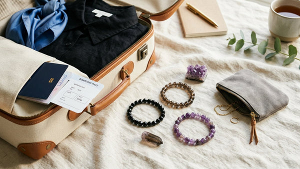 Travel flat lay with crystal bracelets and small suitcase for travel protection