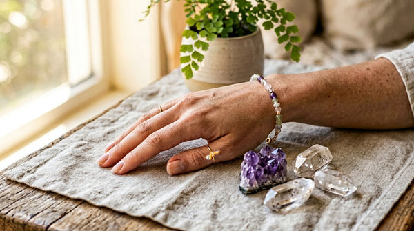 Beginner crystal healing guide with crystal bracelet, amethyst, and clear quartz in warm natural light