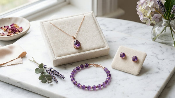 Elegant amethyst jewelry collection including necklace, bracelet, and earrings on a marble surface