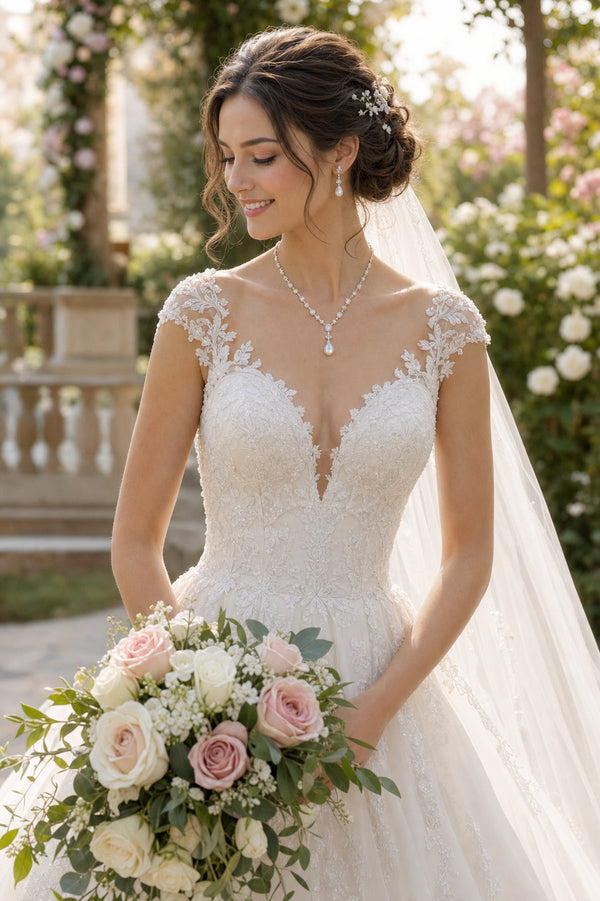 Elegant bride wearing a coordinated pearl and moonstone crystal jewelry set on her wedding day