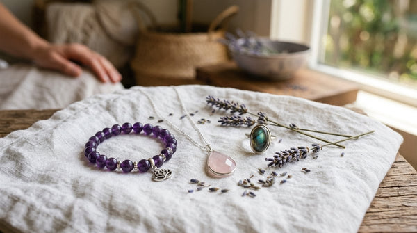Amethyst bracelet, rose quartz necklace and labradorite ring arranged on white linen with lavender sprigs for meditation