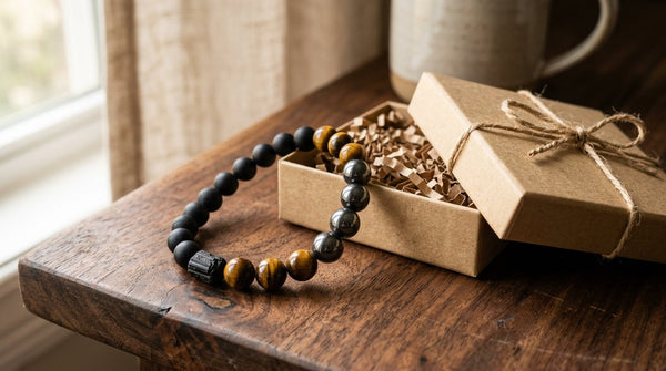 Father's Day crystal bracelet gift set with black tourmaline, tiger's eye, and hematite