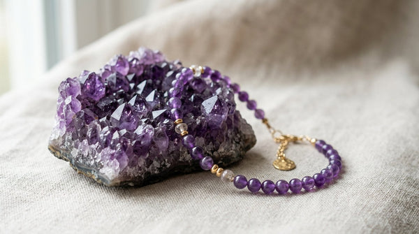 Photorealistic amethyst crystal and purple gemstone bracelet