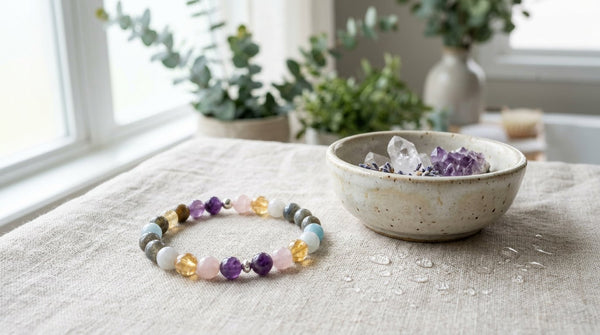Crystal bracelet on linen cloth beside a bowl of crystals, soft natural light