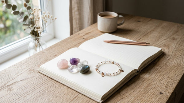 Crystal intention setting scene with bracelet and journaling
