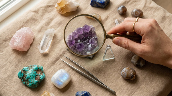 A hand holding a magnifying glass over a piece of natural amethyst surrounded by rose quartz, clear quartz, turquoise, and moonstone on linen, with a small piece of glass alongside for comparison