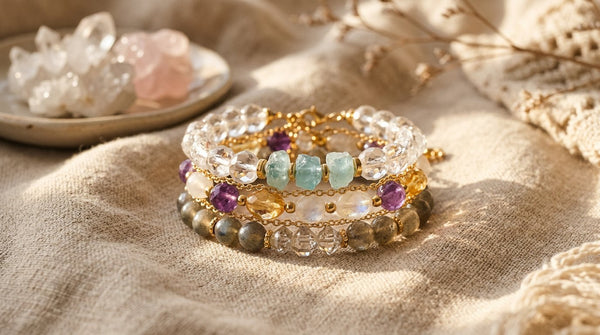 Gemstone crystal bracelet stack in warm sunlight for Leo season confidence and creativity