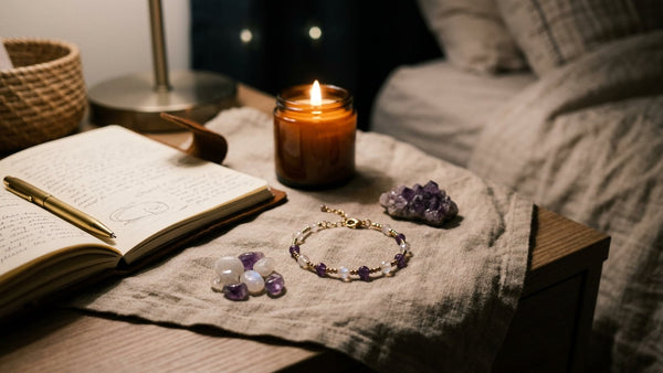 Crystal bracelet with moonstone and amethyst beside candle and journal at night