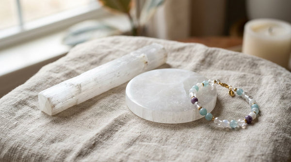 Photograph of a selenite wand and charging plate next to a crystal bracelet