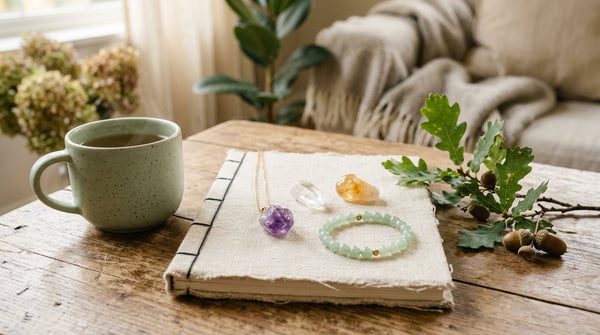 Crystal jewelry with amethyst, clear quartz, citrine, and green aventurine arranged beside a journal in early autumn light